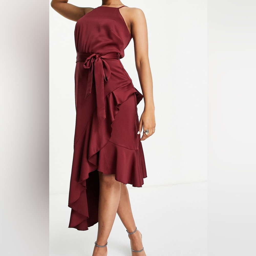 ASOS Style Cheat halterneck cami ruffle midi dress with tie waste  in plum